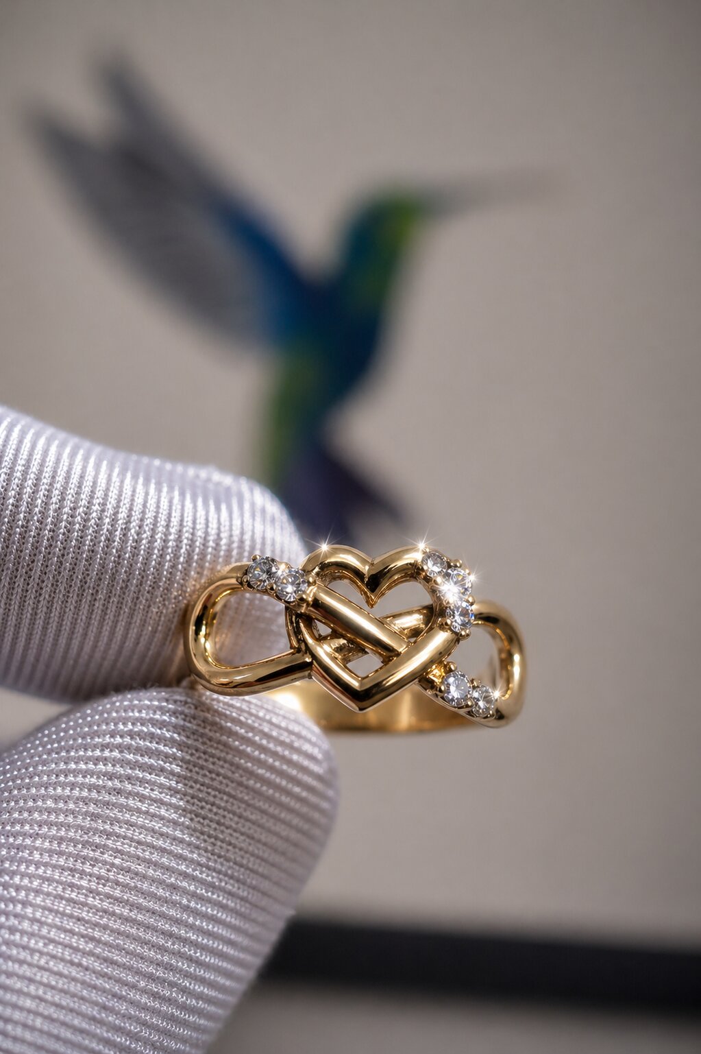Anel coração entrelaçado em ouro amarelo com diamantes