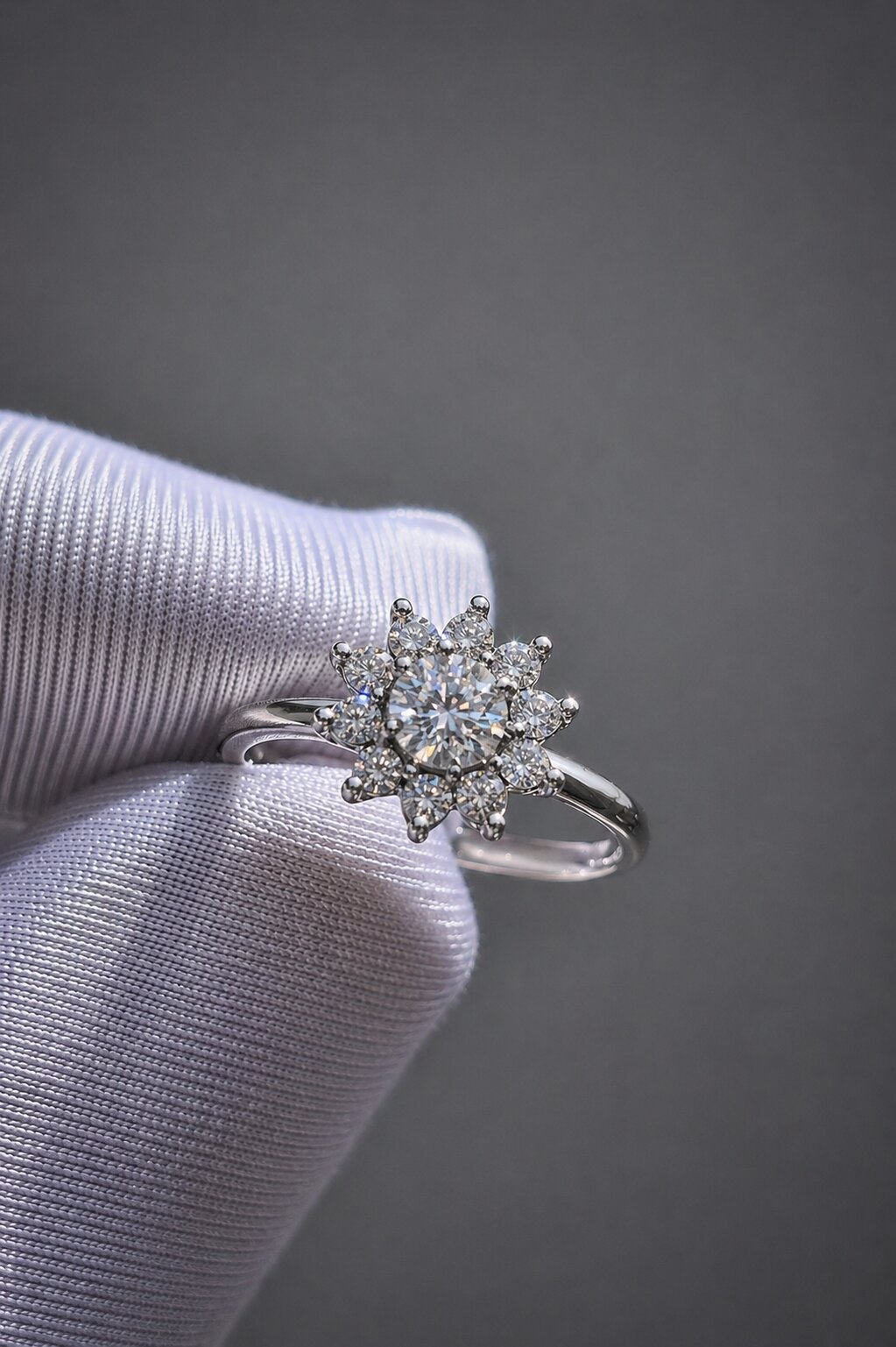 Detalhe de anel artesanal em ouro branco com diamantes em formato de flor