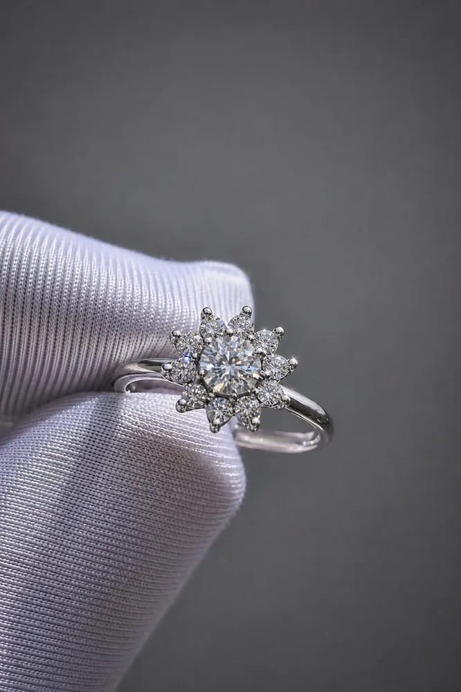 Detalhe de anel artesanal em ouro branco com diamantes em formato de flor